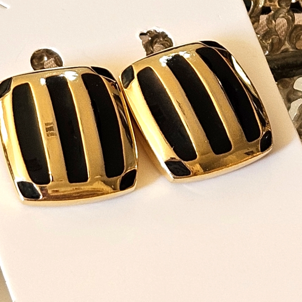 Vintage Black and Gold Striped Clip On Earrings